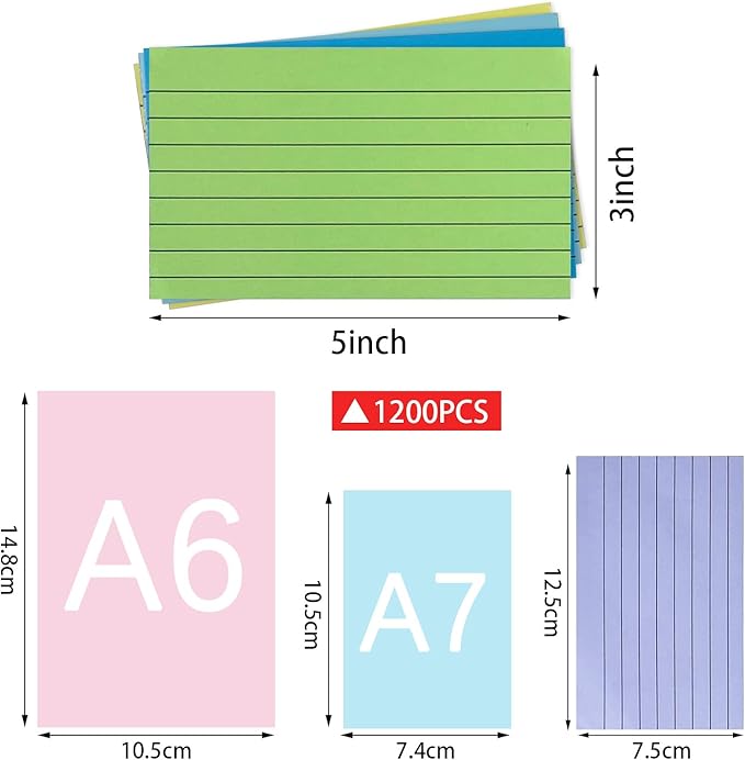TFLFL Index Paper Cards 3x5 Inch, 1200PCS Flash Cards, Thin Note Cards Paper 8 Colors Ruled Index Cards, Assorted Lined Colored Flashcards, Study Card Memo Scratch Pad for Home Office School
