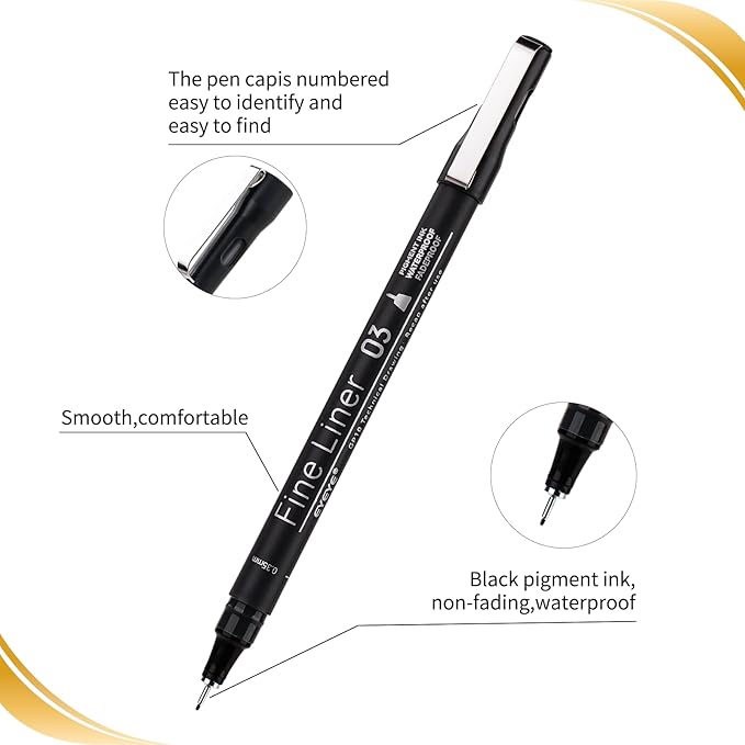 EYEYE Micro Pen Black Drawing Art Pens,6 Pack 0.25mm Archival Pen Waterproof Ink Set Artist Supplies Archival Inking Markers Sketch Outline Pens, Precision Drawing and Sketching Kit