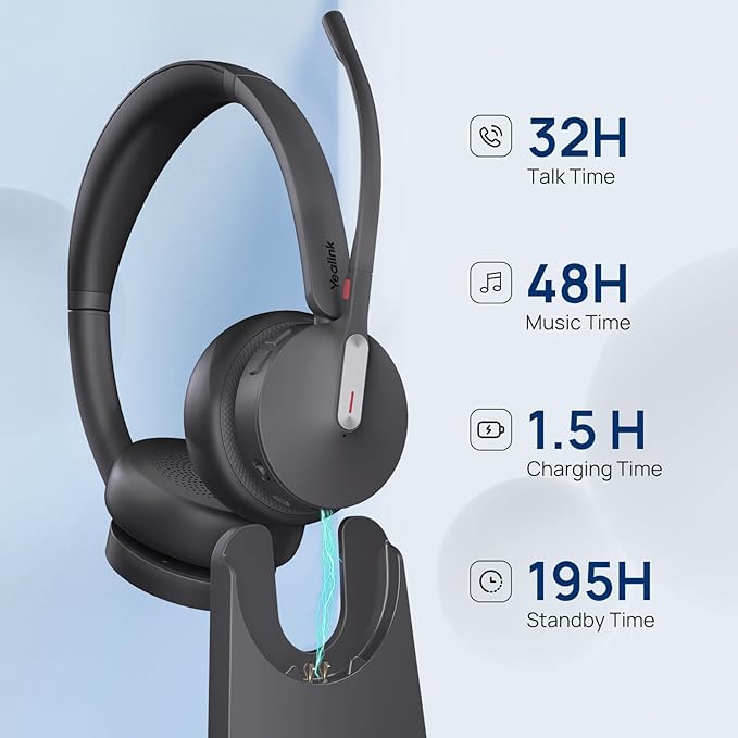 Yealink WH64 Hybrid with DECT Dongle & Charging Stand, 492ft Range, 32 Talk Time Bluetooth Headset for Teams, Zoom Skype UC Certified, Noise Cancelling Headset with 3X Mic, Work Headset for PC Phone