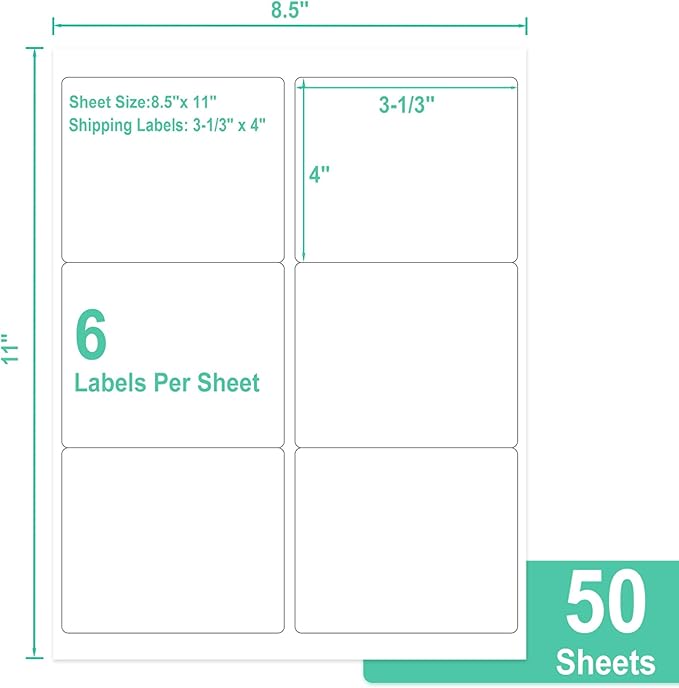 L LIKED 3-1/3" x 4" Printable White Sticker Labels, 300 Labels for Laser/Inkjet Printing - Matte (300 Labels, 50 Sheets)