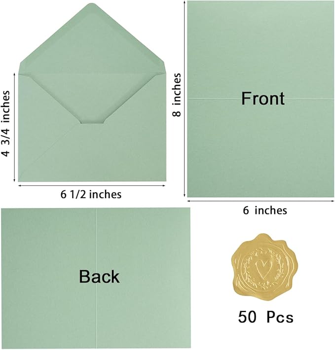 50 Pack Sage-Green A6 Envelopes with Cards 4x6 Thick Folded Cardstock and Gold Stickers for Greeting Cards, Wedding, Birthday, Invitations, Baby Showers (Sage-Green, 4x6)