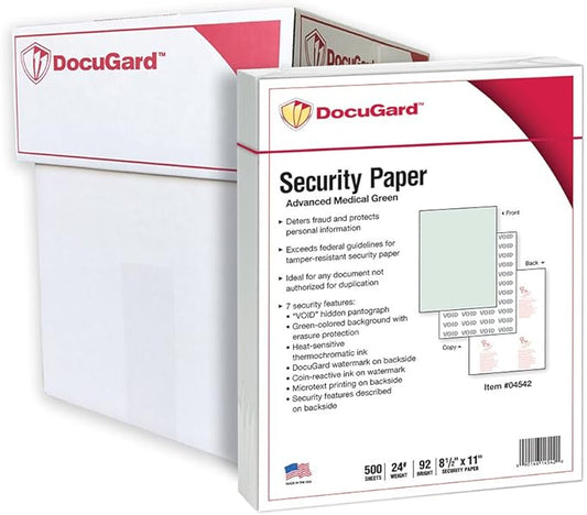 DocuGard Advanced Medical Security Paper for Printing Prescriptions and Preventing Fraud, CMS Approved, 7 Security Features, Laser and Inkjet Safe, Green, 8.5 x 11, 24 lb., 2500 Sheets (04542C)