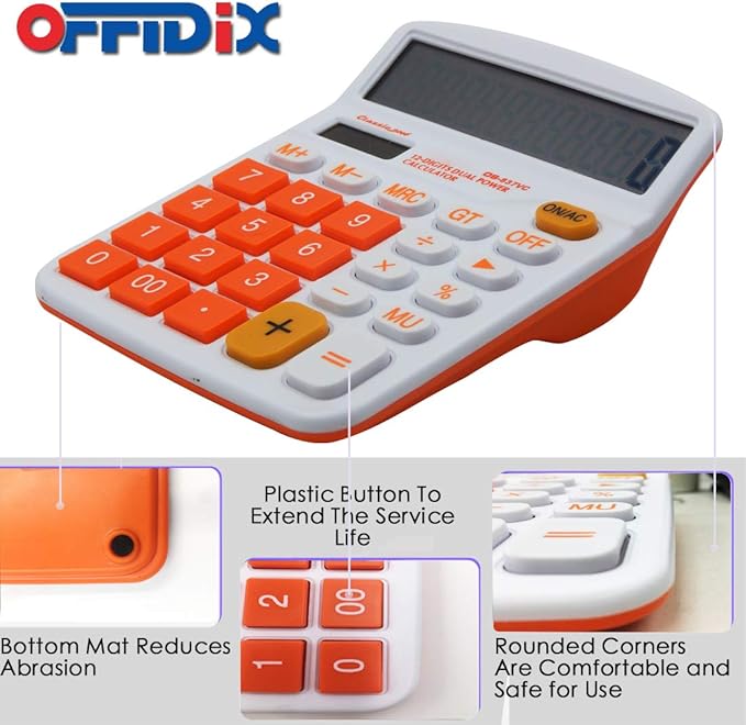 OFFIDIX Office Desktop Calculator, Solar and Battery Dual Power Electronic Calculator Portable 12 Digit Large LCD Display Calculator, Orange