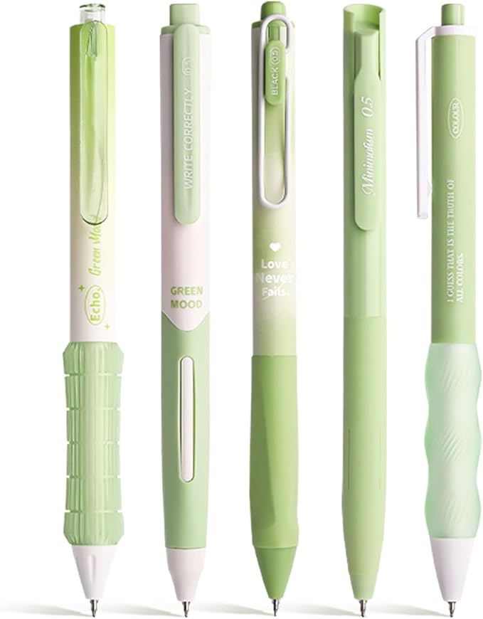 5 Count Pastel Gel Ink Pen Set,Cute Note Taking 0.5mm Fine Point Retractable 5 Count Black Ink Pens for Writing, Journaling, School, Office (Light Green)