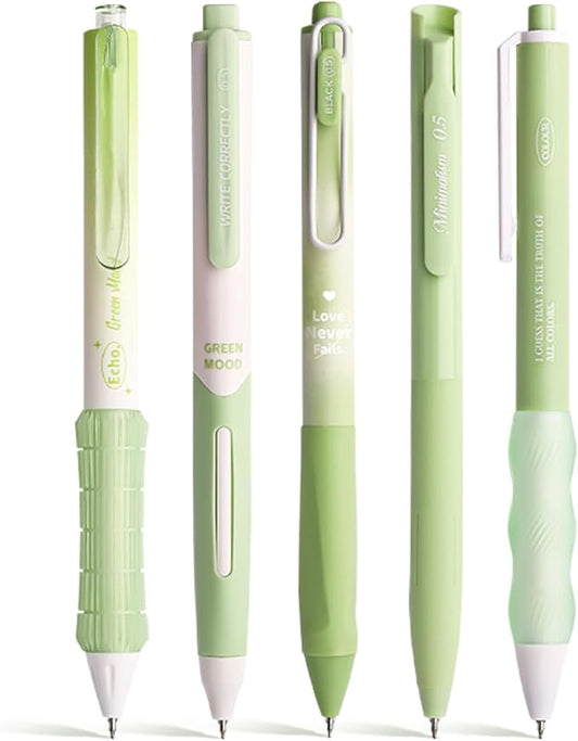 5 Count Pastel Gel Ink Pen Set,Cute Note Taking 0.5mm Fine Point Retractable 5 Count Black Ink Pens for Writing, Journaling, School, Office (Light Green)