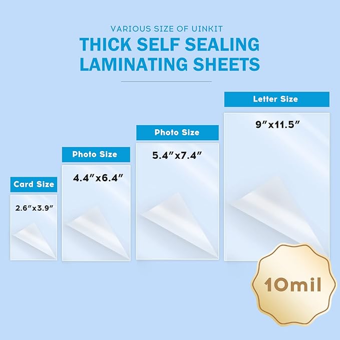 Uinkit 20 Pack 5x7 inches Self Sealing Laminating Pouches, Waterproof Lamination Pouches, Permanent Adhesive 10mil Thickness No Need Machine (5.2x7.2Inchesx20Pack)