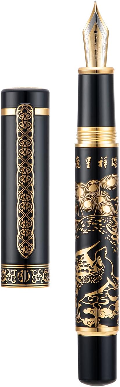 Hongdian 8037 Chinese Classical Fountain Pen, Iridum Fine Gold Nib with Chinese Deer Totem Design, Smooth Writing Pen with Ink Converter and Metal Pen Box Set
