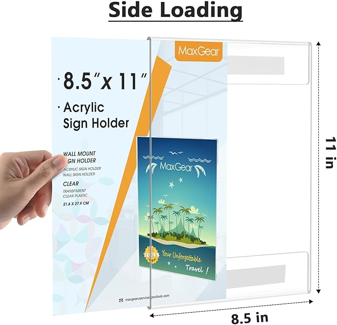 MaxGear 3 Pack Acrylic Sign Holder 8.5 x 11 Wall Mount Sign Holder with Double-Sided Tape, Clear Plastic Sign Holders, Plexiglass Document Flyer Acrylic Frame for Office, Home, Store, Restaurant