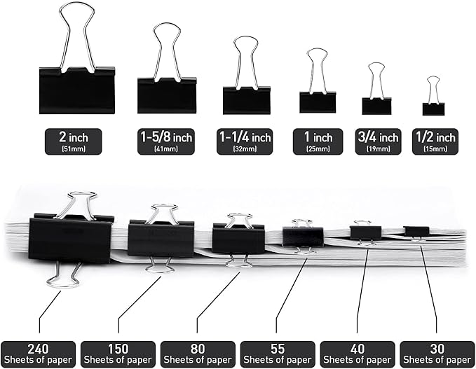 Small Binder Clips, 144 Pack, 1 Inch, Black, Standard 25mm, Metal Paper Clips, Fold Clamp, Office Clips, Capacity 0.47 Inch, Office and School Supplies