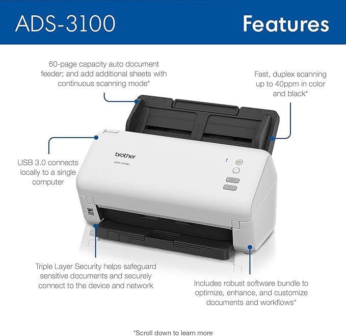 Brother ADS-3100 High-Speed Desktop Scanner | Compact with Scan Speeds of Up to 40ppm, White