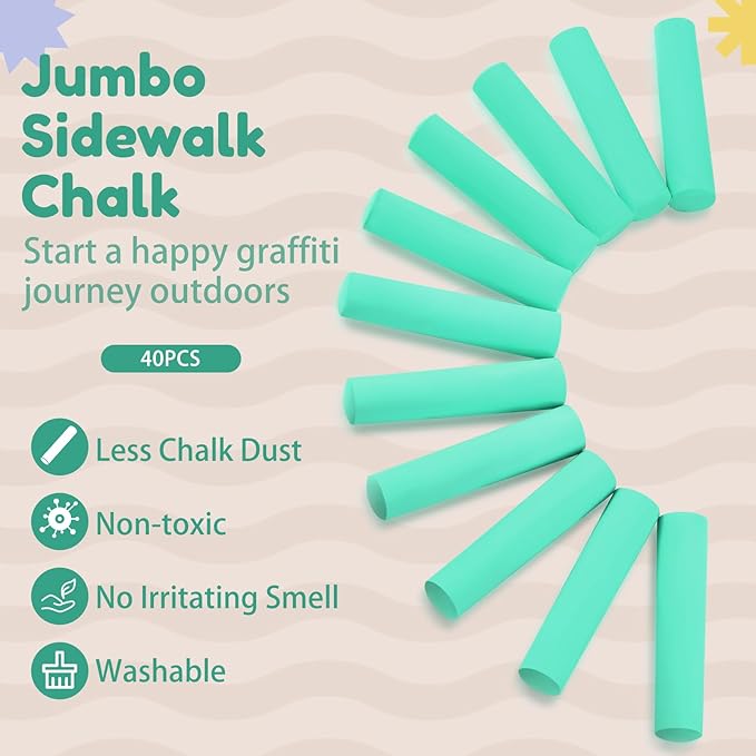 Fulmoon 40 Pcs Jumbo Sidewalk Chalk for Kids Outdoor Art Non Toxic Large Washable Street Chalk for Adults Drawing Painting Classroom(Green,Round Style)