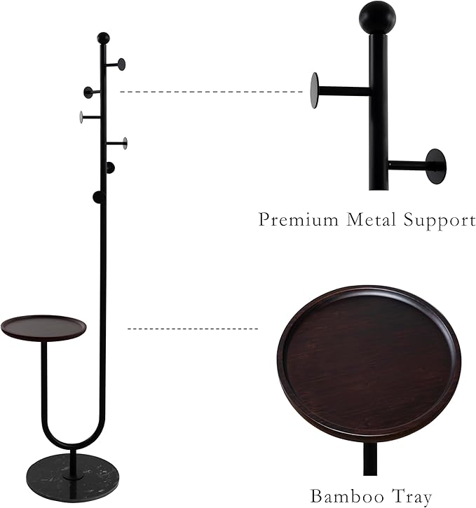 Coat Rack Stand, Metal Coat Tree with Bamboo Tray & 6 Hooks, Heavy Duty Marble Base Corner Coat Stand for Bedroom Hallway Entryway Living Room Office 13.78 x 13.78 x 68.11 Inches (Black)