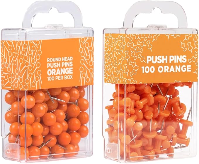 JAM PAPER Colorful Push Pins - Flat & Round Head Thumb Tack Combo Set - Orange Pushpins - 200/Pack