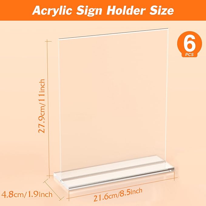 6 Pack Acrylic Sign Holder 8.5 x 11 Inches, Clear Menu Holder Stand, Vertical Flyer Display Stand, Table Paper Holder, Desk Brochure Holder, Plastic Sign Display Stand for Restaurants, Office, Store