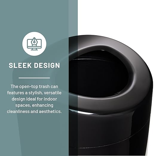 Safco Open Top Trash Can, 14 Gallon Stainless Steel, Modern Garbage Can for Indoor Use, Black