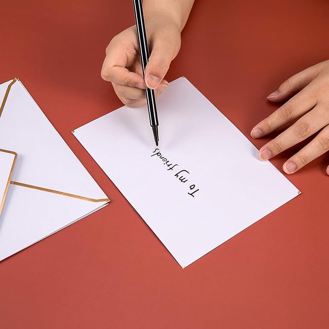 50 Pack White A4 Envelopes 4x6 Self-Adhesive V Flap Envelopes with Gold Border for Office, Greeting Card, Wedding, Graduation, Baby Shower, Parties, Invitations (4.25x6.25 inches)