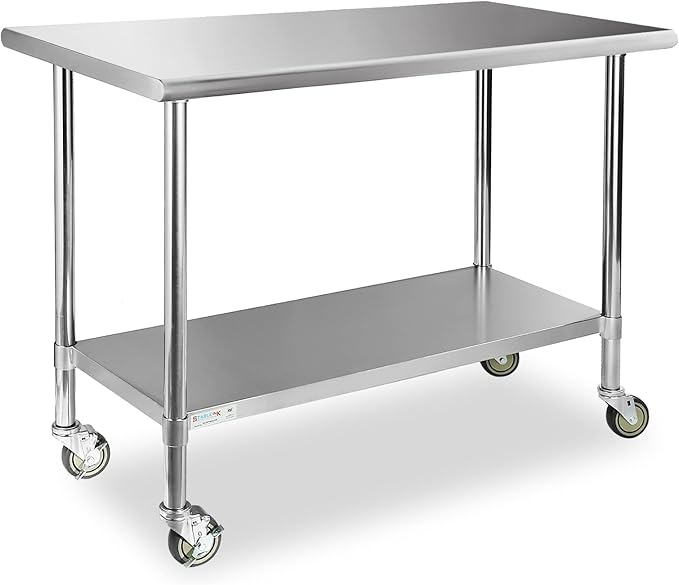 STABLEINK Stainless Steel Table with Caster Wheels 24 x 60 Inches, NSF Commercial Prep & Work Table with Adjustable Undershelf and Table Foot, for Commercial Kitchen, Restaurant, Hotel and Garage