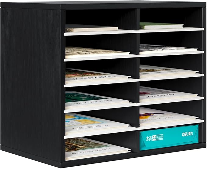 PAG Countertop Mail Sorter Organizer, Wooden Literature Organizer, Student Mailbox for Classroom, Desktop Bill Organizer for Office Home School, 12 Compartments, Black&White