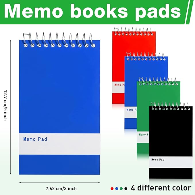Thenshop 100 Pads Spiral Memo Bulk 3'' x 5'' Top Bound Memo Book 60 Sheets Small Mini Notebooks Lined Wire Bound Pocket Steno Book for Home, Office, School (Black,Green,Dark Blue,Red)