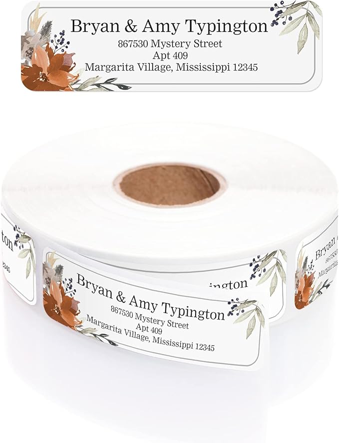 Indie Floral Rolled Address Labels/Roll of 500 Personalized Return Address Labels/Designer Return Address Stickers in Elegant Plastic Dispenser