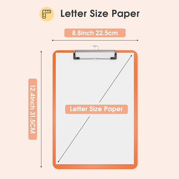 Plastic Clipboards 2 Pack, A4 Orange Clip Board 8.5x11 for Classroom, Students, Kid, Woman, Size 9" x 12.5" with Low Profile Clip, Office & School Supply