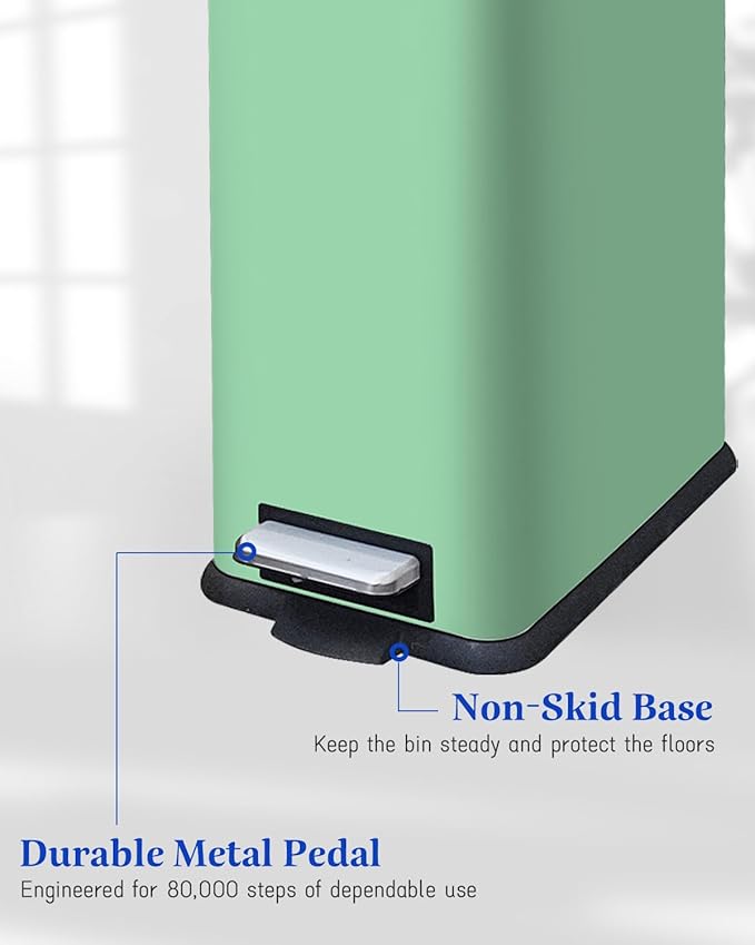 Bathroom Trash Can with Lid，5 Liter / 1.3 Gallon Small Trash Can with Removable Liner Bucket, Soft Close lid & Step Pedal, Stainless Steel Trash Bin for Bathroom,Bedroom,Home Office, Green
