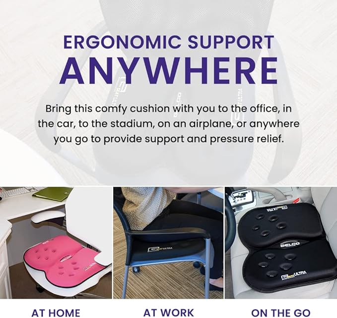 GSeat Ultra Orthopedic Gel and Foam Seat Cushion (Black) – for Coccyx, Back, Tailbone, Prostate, Postnatal, and Sciatica Pain/Discomfort – Office, Car, Chair, Travel
