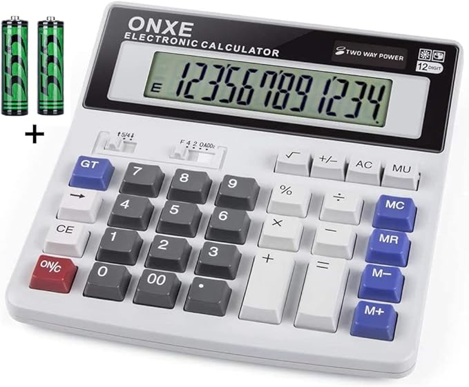 Calculators Desktop,ONXE 12 Digit Large Number LCD Display Office Desk Calculator, Two Way Power Battery and Solar,Big Button Standard Basic 4 Function Basics Calculators for Office Financial