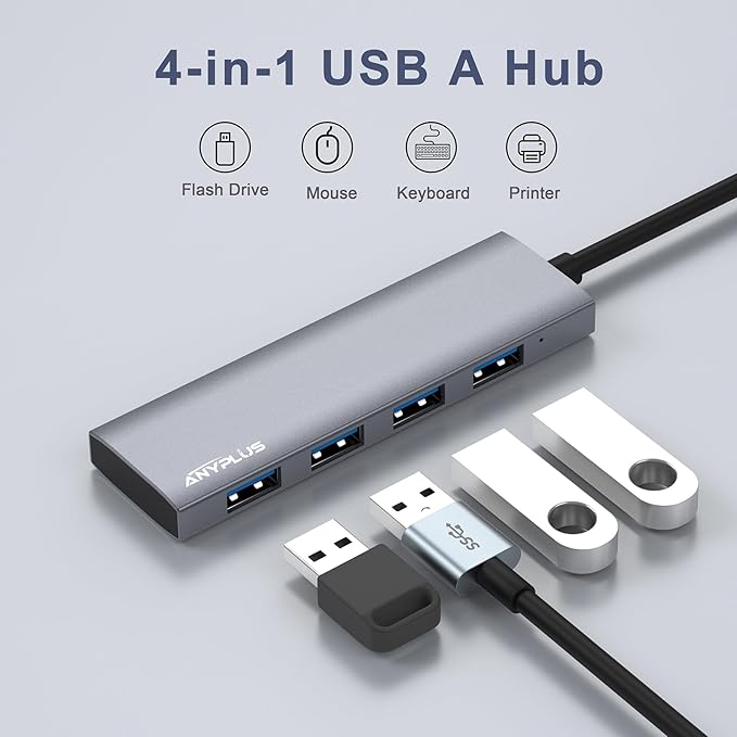 USB Hub, USB 3.0 Hub Aluminum Alloy Ultra Slim USB Splitter, Portable 4 Port USB Extender, USB Hub for Laptop, PC, MacBook, iMac, Surface Pro, Mac Pro, Flash Drive, XPS 【Grey】