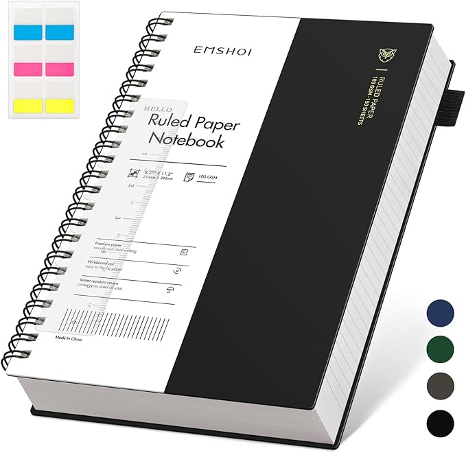EMSHOI A4 Spiral Notebook Lined Journal, 11.2" X 8.27", 300 Pages/150 Sheets, 100gsm Thick Paper, Waterproof Softcover, Twin-Wire Binding, for School Work Writing Note Taking-Black
