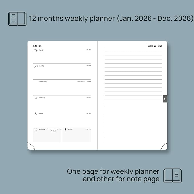 POPRUN Weekly Planner 2026 Pocket Size Calendar (4" x 6.25") 12 Months Notebook with Horizontal Layout, Leather Soft Cover, Inner Pocket, 100GSM Thick Paper, Pen Holder - Black
