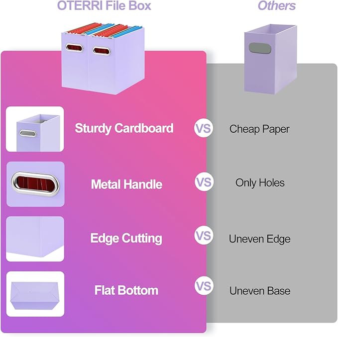 Oterri File Organizer, Small Storage Box, Cardboard File Folder Organizer, Collapsible File Box, Hanging File Organizer for Letter Size, Portable File Box with Handle, Only Box (Purple,4 Packs)