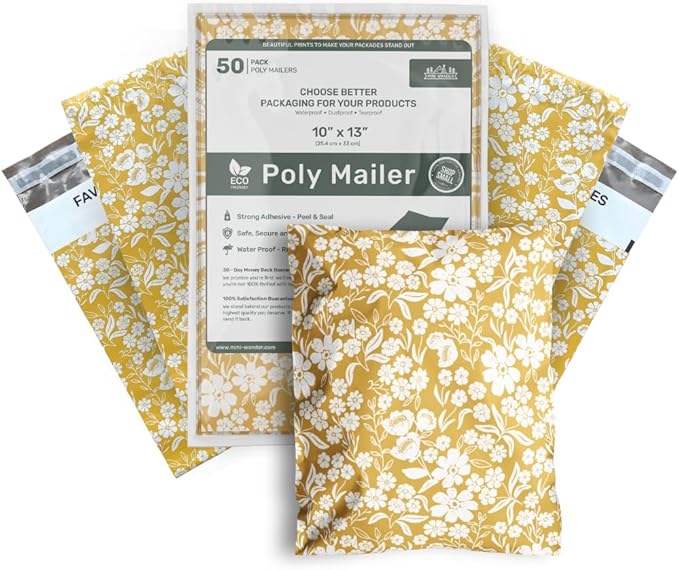 Poly Mailers 10x13 Inch 50 Pack Medium Shipping Bags Strong Thick Mailing Envelopes | Self Sealing Adhesive | Waterproof & Tear Proof | Small Business Packaging for Clothing - Floral Mustard Yellow