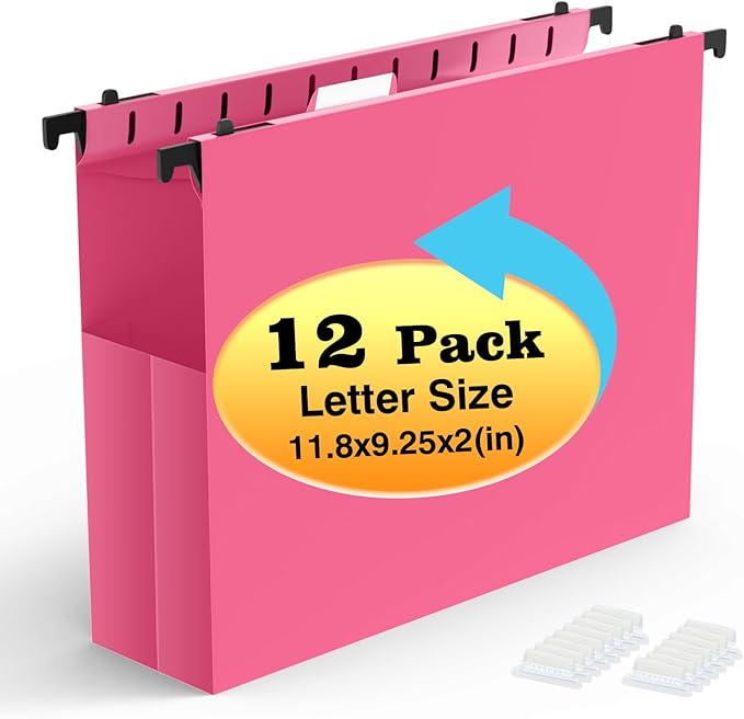 Extra Capacity Plastic Hanging File Folders,12 Pack Reinforced Expanding Hang Folder Letter Size,Accordian Pocket,Heavy Duty 2 Inch Expansion, Hard Hanging Folder Organizer for Office Home,Pink