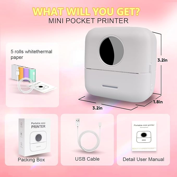 BRONA Notebuddy Mini Portable Printer, Bluetooth Smart Pocket Inkless Thermal Printer with 5 Roll Papers for Journal/DIY Scrapbook/Travel/Notes/Lists/Label/Memo, Receipt Printer for iOS&Android