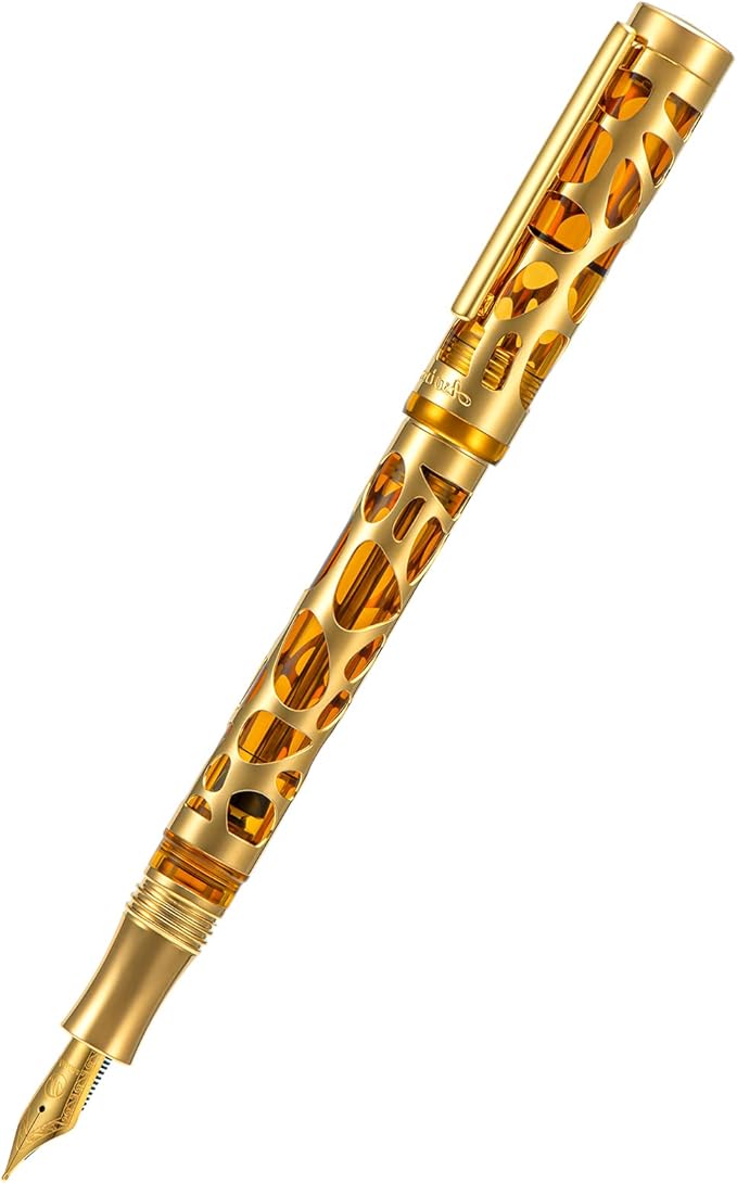 Asvine V169 Vacuum Filling Fountain Pen Iridium Fine Nib, Water Drop Skeleton Gold Trim Transparent Coffee Acrylic Pen Case Set