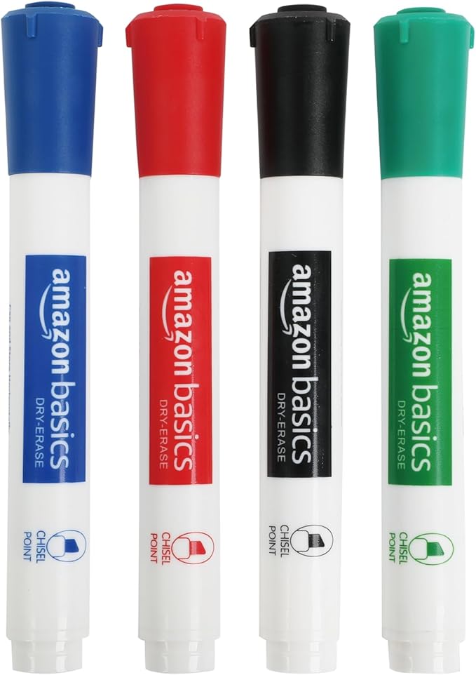 Amazon Basics Low-Odor Chisel Tip Dry Erase Whiteboard Marker, Pack of 4, Black, Red, Green, Blue