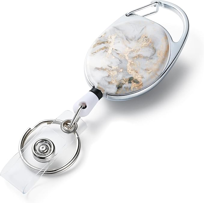 Badge Reels Retractable Double Sided Color Print Pattern Holders with Retractable Keychain and Badge Clip, Durable Nylon Rope, Light Gray Marble
