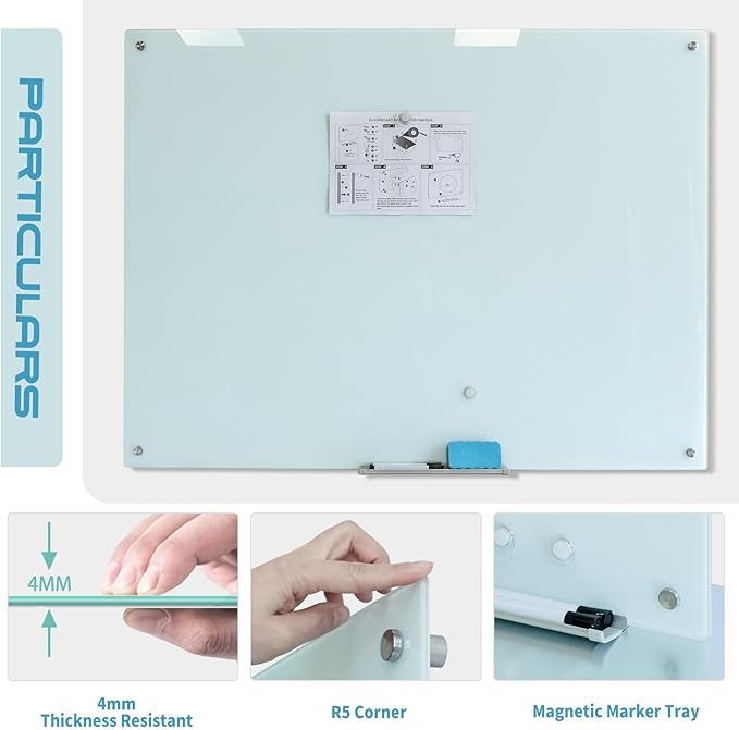 Magnetic Glass Whiteboard 48"x36" Glass Dry Erase Board 48"x36" Wall Mounted White Glassboard for Office School Home Shop