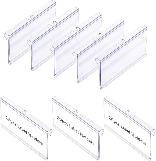 Diteje 20 Pack Plastic Wire Shelf Label Holder,Shelving Rack Retail Sign Hook Labels Clip On with Paper Inserts,2.36x1.50inch