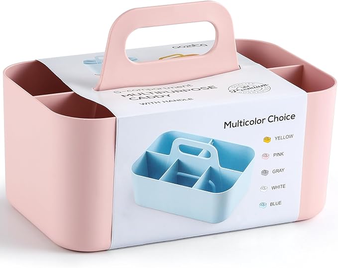 Multiuse Caddy Organizer with Handle - Stackable Plastic Tote Bin - Art Craft Supplies, Office, Desk, Stationery Pen Holder, Kitchen, Utensil, Makeup, Bathroom, Shower, Cleaning, Dorm Organizer - Pink