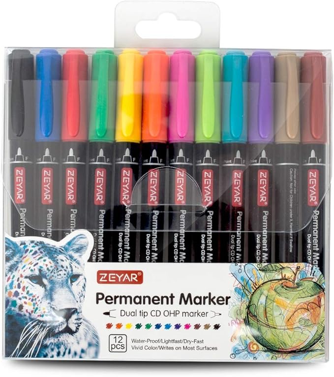 ZEYAR Twin Tip Permanent Markers, CD/DVD Markers, 12 Color, Ultra Fine Point and Fine Point for Signature and Marking (12 Colors)