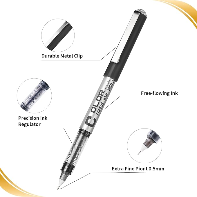 EYEYE Black Rollerball Pens 0.5mm Needle Tip, 12 Pack Extra Fine Point Roller Ball Pen Quick Dry, Liquid Ink Pens Fine Point Smooth Writing Pen for Journaling, Note Taking, Office, School Supplies