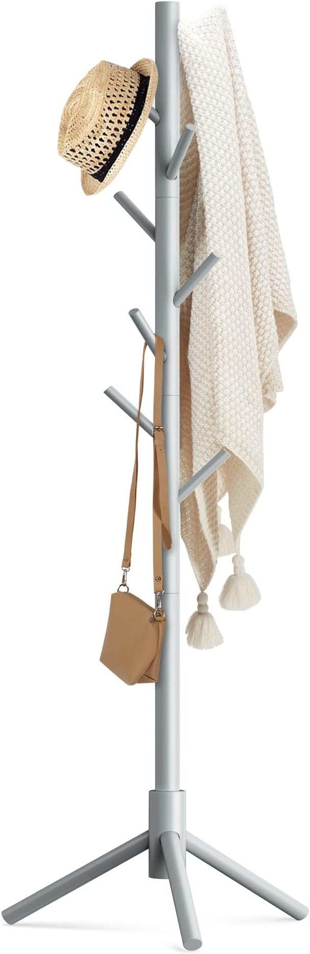 Haddockway Wooden Coat Rack Stand with 8 Hooks New Zealand Pine 3 Adjustable Coat Standing Tree Easy Assembly for Coats, Hats, Scarves and Handbags for Entryway, Hallway, Bedroom, Office
