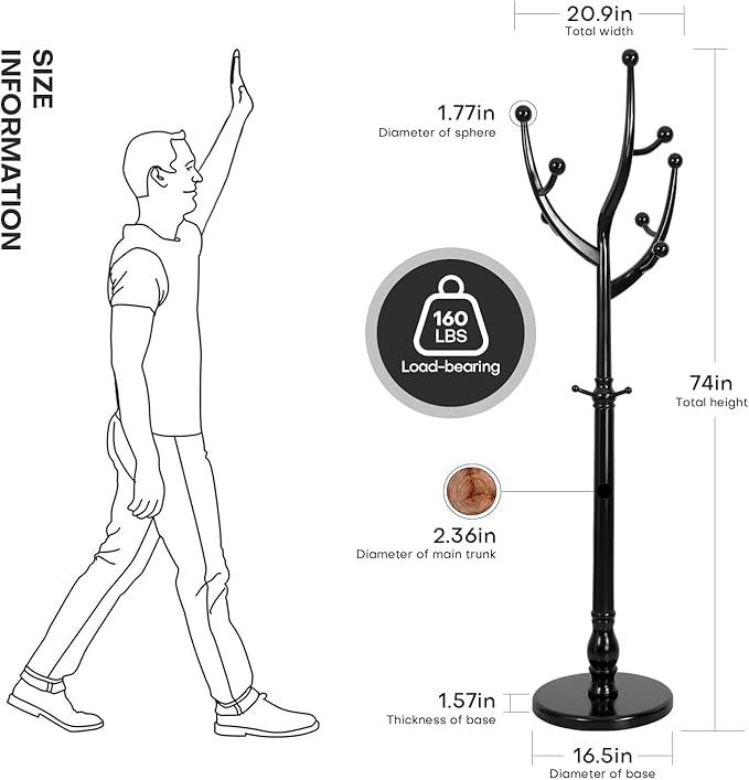 Wood Coat Rack Coat Tree Freestanding with Hooks, Heavy Duty Standing Coat Rack with Solid Round Base, 74” Tree Shaped Coat Hanger Stand for Clothes, Hat, Jacket, Entryway Bedroom, Balck