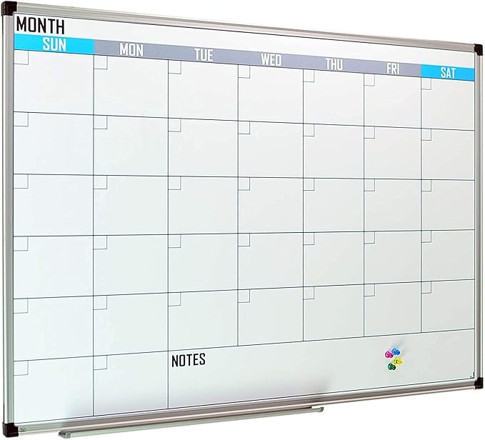 XBoard Magnetic Calendar Whiteboard 60" x 40" - Monthly Calendar Dry Erase Board, White Board + Colorful Calendar Board, Silver Aluminium Framed Monthly Planning Board