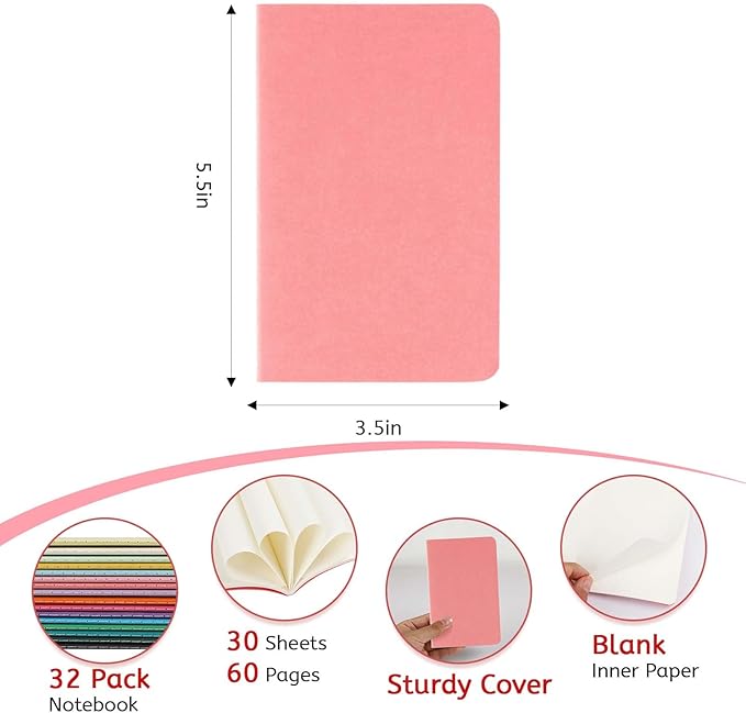 32PCS Mini Notebooks Bulk, 3.5" x 5.5", 16 Color, 60 Pages Blank Paper Small Pocket Notebook Set, Mini Journal Memo Notepads for Kids, Students, Traveler, School Office Supplies