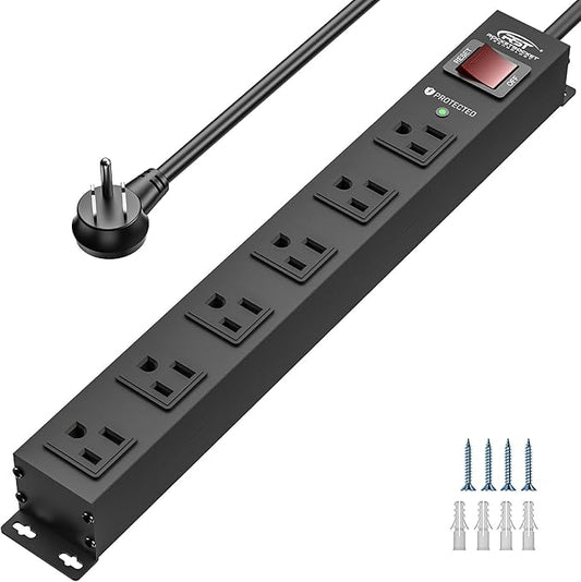 CRST 6 Outlet Heavy Duty Power Strip with Switch, 15A/1875W Metal Mountable Power Strip Surge Protector 2100Joules, Wide Spaced Power Bar for Garage Worshop Home School, 6 FT Cord