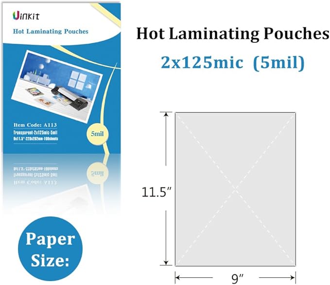 Uinkit Hot Thermal Laminating Pouches 5Mil Thick 9x11.5 Inches Laminating Sheets for Sealed Letter Size 8.5x11inches Photo and Documents 100 Pack Clear Laminated Paper