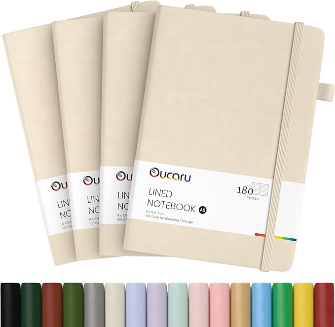 Lined Journal Notebook, 4 Pack, 180 Pages, A5 Journals for Writing, 100 GSM Thick Paper, Small Notebooks Daily Journal for Women Men Work, Business, School, Travel Supplies